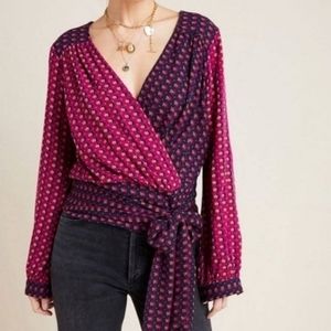 Anthropologie Dark Pink & Navy faux wrap long sleeve blouse